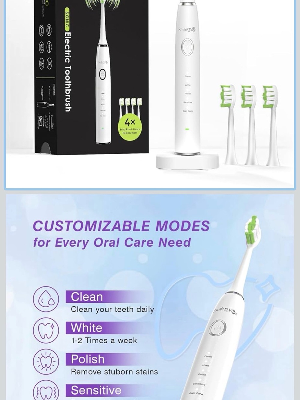 White Electric Toothbrush with 4 Replacement Heads